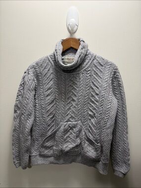 Aran Sweater Market Cable Knit Grey Turtleneck Sweater Wool Size L Asian 22.5x